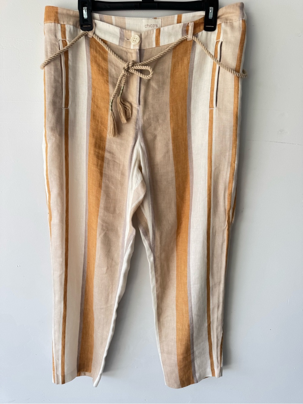 Chico's Womens Linen Pants Medium Sz 2 Orange Striped Linen Blend Rope Belt Fall